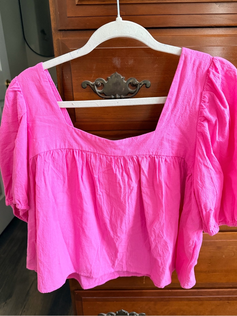 Square Neck Puff Sleeve Blouse in Bright Pink